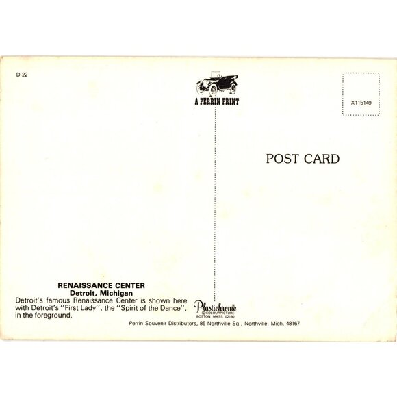 Vintage Postcard Of Renaissance Center Detroit Michigan American Flag Statue - Picture 2 of 2